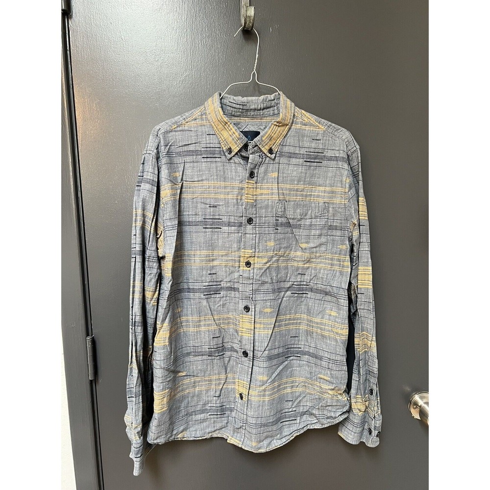 Prana Mens Button Up Shirt Size M Gray Striped Long Sleeve